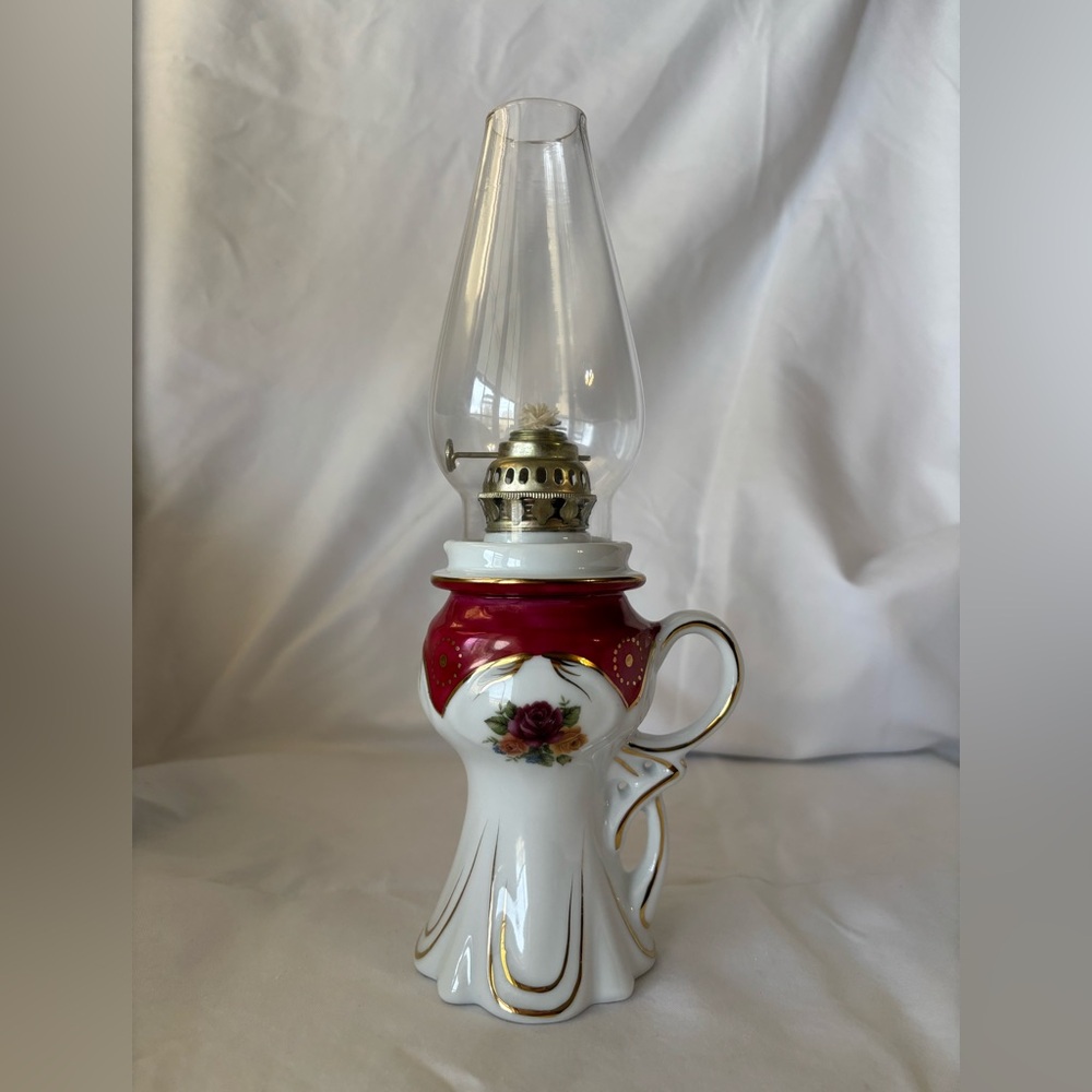 Vintage Mini Burgundy and White Oil Lamp